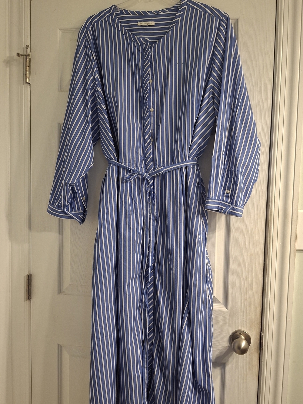 Blue and White Striped Maxi Shirt Dress with Waist Tie